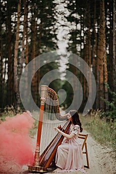 Woman harpist sits at forest and plays harp against a background of pines and smoke