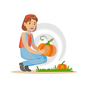 Woman Harvesting Pumpkins, Farmer Working At The Farm And Selling On Natural Organic Product Market