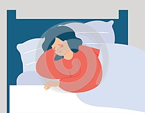 Woman has difficulty to sleep at night. Girl lying on bed can\'t sleep due to the headache. Person suffers from insomnia