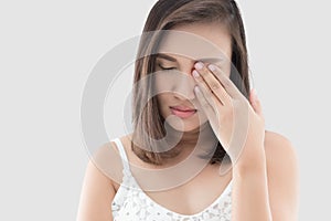 Woman has a pain in the eye