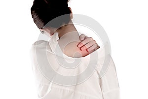 The woman has pained in the back and neck on white background photo