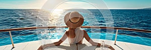 Woman has a relaxing day on the deck of a cruise ship soaking up the sun and stunning sea views