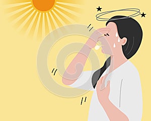 A woman has sunstroke exhausting and dizzying. Flat vector illustration.