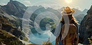 woman with a hat and backpack looking at the mountains and lake from the top of a mountain