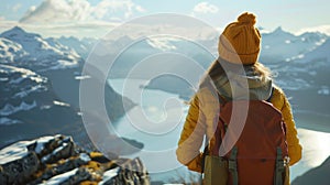 woman with a hat and backpack looking at the mountains and lake from the top of a mountain