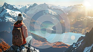 woman with a hat and backpack looking at the mountains and lake from the top of a mountain