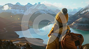 woman with a hat and backpack looking at the mountains and lake from the top of a mountain