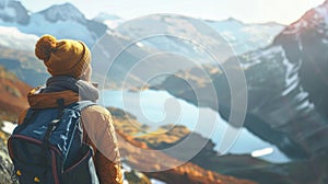 woman with a hat and backpack looking at the mountains and lake from the top of a mountain