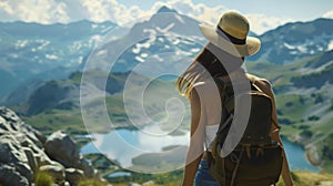 woman with a hat and backpack looking at the mountains and lake from the top of a mountain