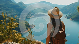 woman with a hat and backpack looking at the mountains and lake from the top of a mountain