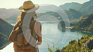 woman with a hat and backpack looking at the mountains and lake from the top of a mountain