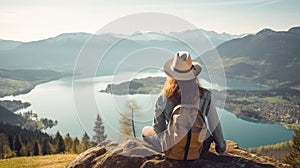 Woman with a hat and backpack looking at the mountains and lake from the top of a mountain in the sunlight, with a view of the