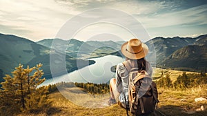 Woman with a hat and backpack looking at the mountains and lake from the top of a mountain in the sunlight, with a view of the