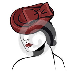 Woman in a hat in black and red colors isolated on a white background. Vector graphics