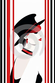 a woman in a hat and black and red stripes