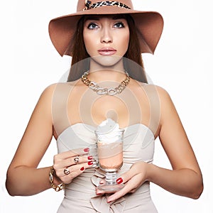 Woman in Hat drink cappuccino