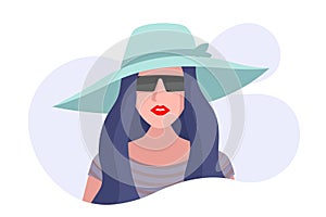 Woman in hat. Female in sun glasses and green hat. Flet style vector illustration isolated on white bacckground