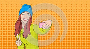 Woman In Hat Girl Taking Selfie Photo On Smart Phone Peace Gesture Pop Art Retro Style