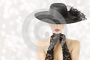 Woman In Hat and Gloves, Fashion Model Beauty Portrait, Girl Hidden Face, Red Lips