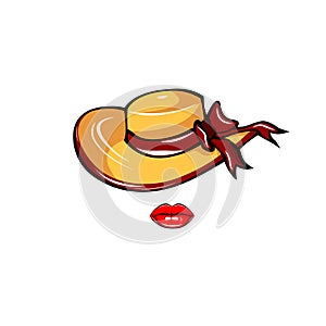 Woman hat icon. Wide-brimmed hat with bow and lips. Vector illustration. photo