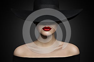 Woman Hat Lips and Shoulder, Elegant Fashion Model in Black Hat