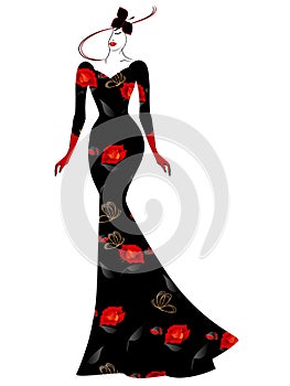 A woman in a hat and a long black dress with red roses.