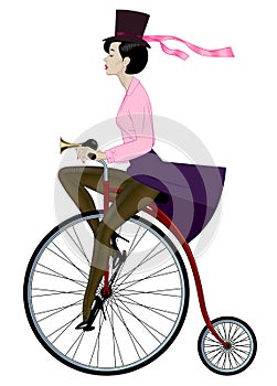 Woman in hat with open sexy legs in dark tights riding a retro bicycle