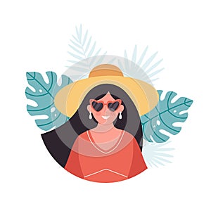 Woman in hat and retro glasses on tropical leaves background. Hello summer greeting card. Summertime, vacation. Hand