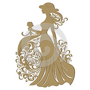 Woman in a hat silhouette surrounded by vintage flowers in art nouveau style. Vector Gold beautiful woman silhouette on white