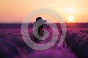 a woman in a hat is standing in a field of purple flowers at sunset