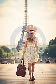 A woman in a hat with a suitcase looks at the Eiffel Tower. Selective focus.