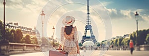 A woman in a hat with a suitcase looks at the Eiffel Tower. Selective focus.