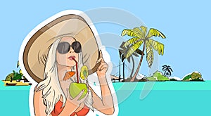 Woman Hat Sunglasses Drink Coconut Cocktail Beach Tropical Island