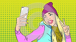 Woman In Hat Vest Taking Selfie Photo Smart Phone Peace Gesture Pop Art Retro Style