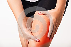 Woman have cramp calf tired pain legs she holding her leg