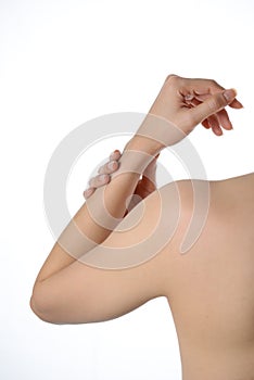 Woman have wrist pain isolated on white background