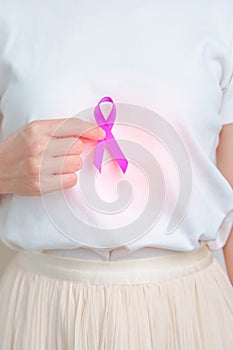 Woman having abdomen Pancreas and Chest pain with Purple ribbon. Pancreatic cancer November awareness month, Pancreatitis,