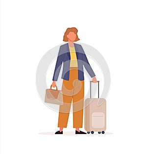 Woman having a business trip with suitcase. Female character standing with lugagge and holding briefcase