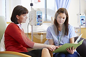 Woman Having Chemotherapy Looking At Test Results With Nurse