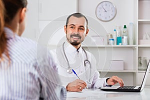 Woman having consultation with male doctor in hospital