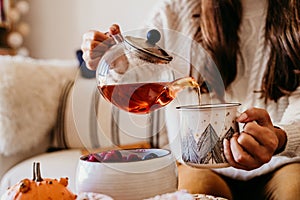 woman having a cup of tea at home during breakfast. Cute golden retriever dog besides. Healthy breakfast with fruits and sweets.