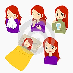 Woman Having Flu Sickness Cartoon Vector Set