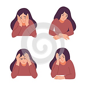 A woman is having a headache. Girl feels anxiety and depression. Psychological health concept. Nervous, apathy, sadness, sorrow,