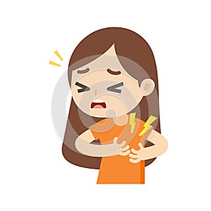 Woman having a heart attack with chest pain cartoon, vector illustration.