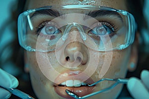 A woman is having her teeth examined by a dentist, wearing safety goggles