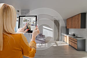 Woman having a Home automation control station in a modern home 3D render