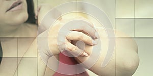 Woman having itchy and scratching her arm, geometric pattern