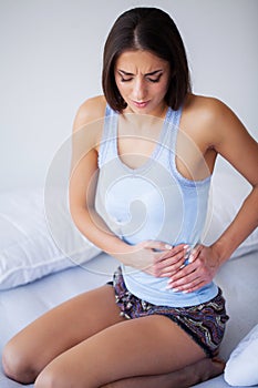 Woman Having Painful Stomachache, Female Suffering From Abdominal Pain