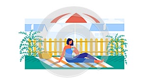 Woman Having Picnic under Umbrella from Sun Flat.