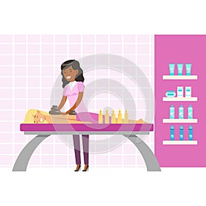 Woman having a relaxing massage with massage oil in a spa. Colorful cartoon character isolated on a white background